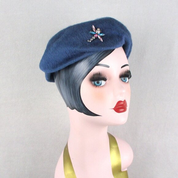 Blue Dragonfly Pillbox Hat Vintage 1950s Fur Felt Rhinestone Crystals - Picture 1 of 6